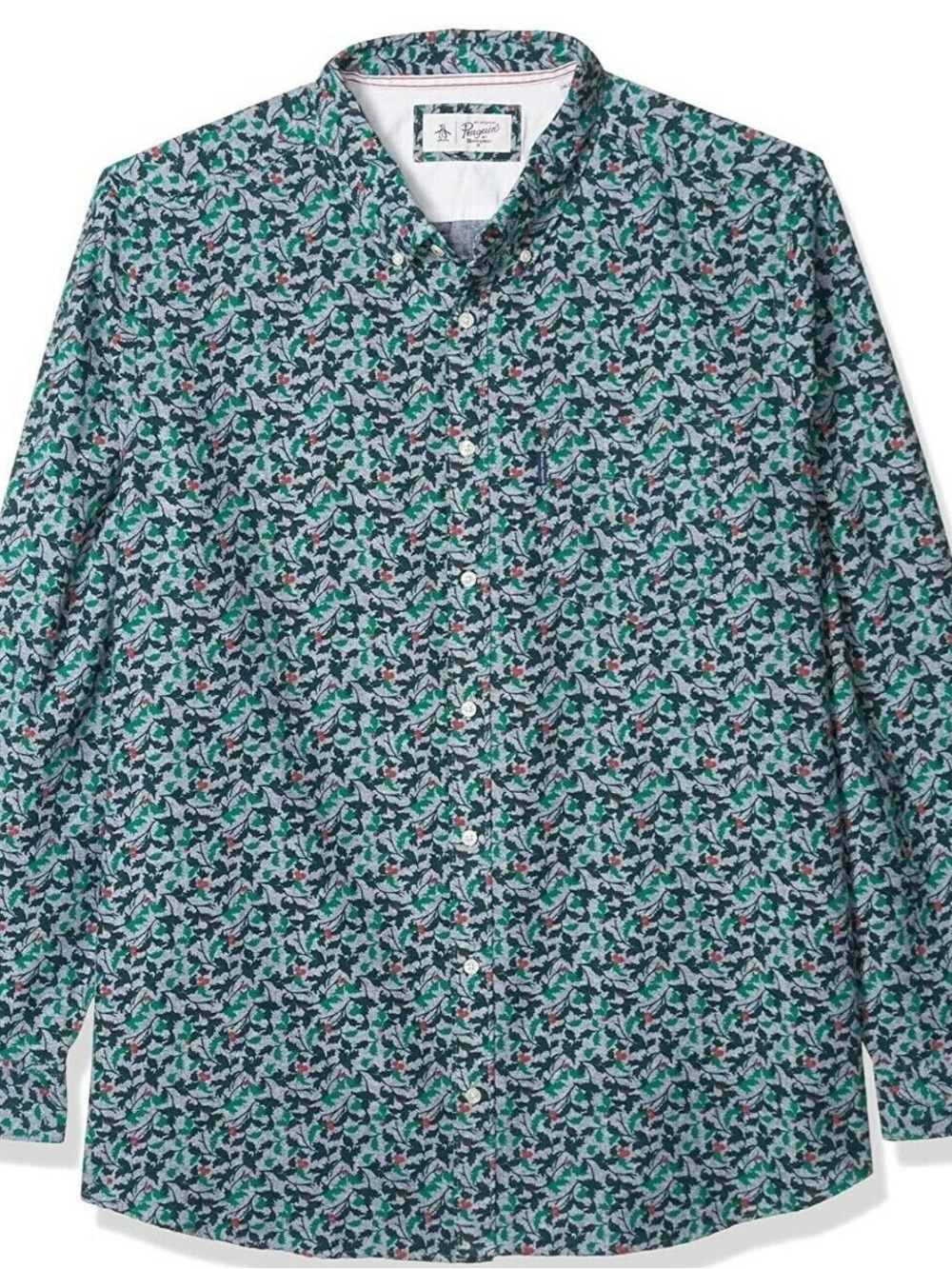 Penguin Men’s Long Sleeve Button Down Shirt Darkest Spruce Holly Print XL